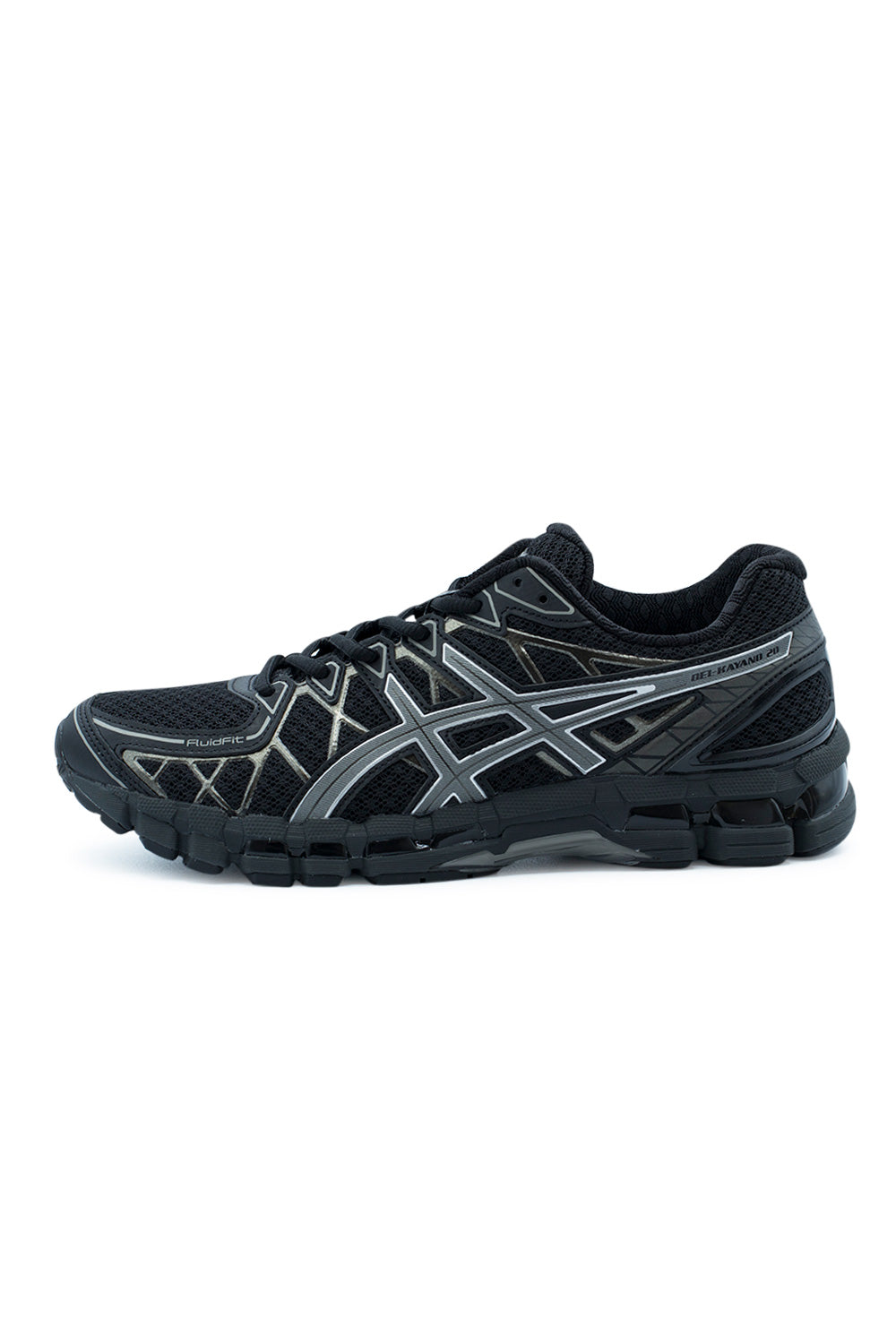 Lateral profile view of the Asics Gel-Kayano 20 sneaker in Black and Clay Grey, featuring an open black honeycomb mesh upper reinforced by the geometric FLUIDFIT synthetic cage, grey Asics tiger stripes with reflective outlines, a black sculpted midsole with visible rearfoot GEL cushioning units, and "GEL-KAYANO 20" branding on the lateral heel collar.
