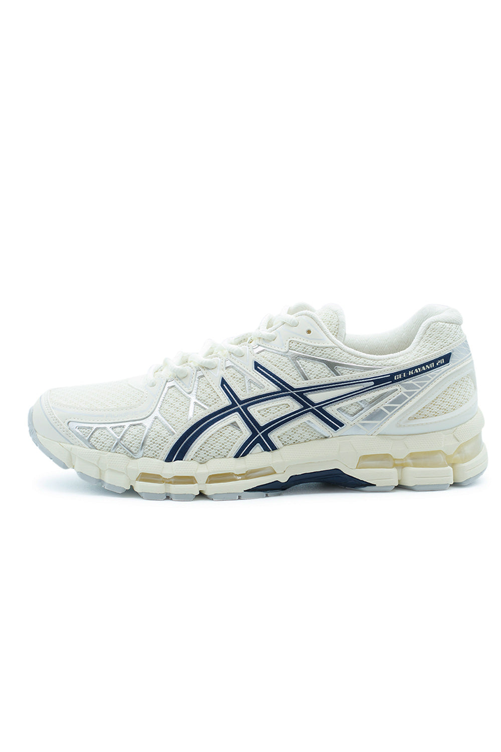ASICS GEL-Kayano 20 Cream Independence Blue running sneaker side profile with breathable mesh upper, layered TPU support cage, dual GEL cushioning midsole and retro 2013 performance design.