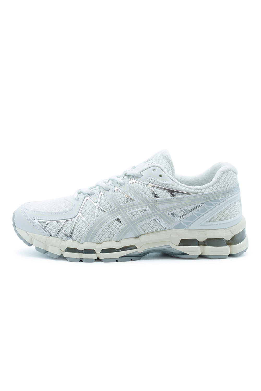 ASICS GEL-Kayano 20 White Pure Silver running shoe side view with breathable mesh upper, silver overlays, GEL cushioning and performance lifestyle design