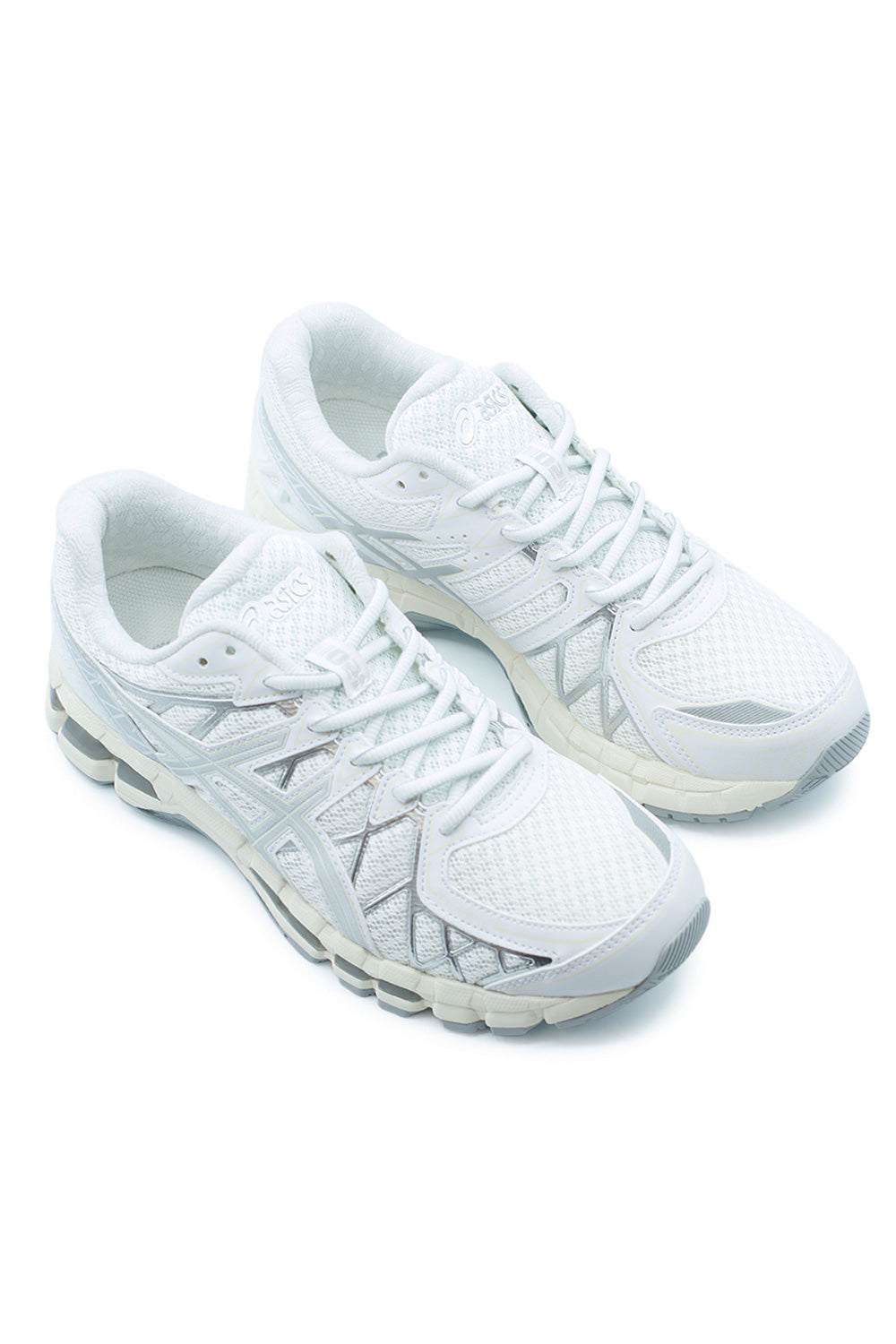 Angled view of ASICS GEL Kayano 20 White Pure Silver athletic sneaker with layered mesh, technical overlays and architectural midsole