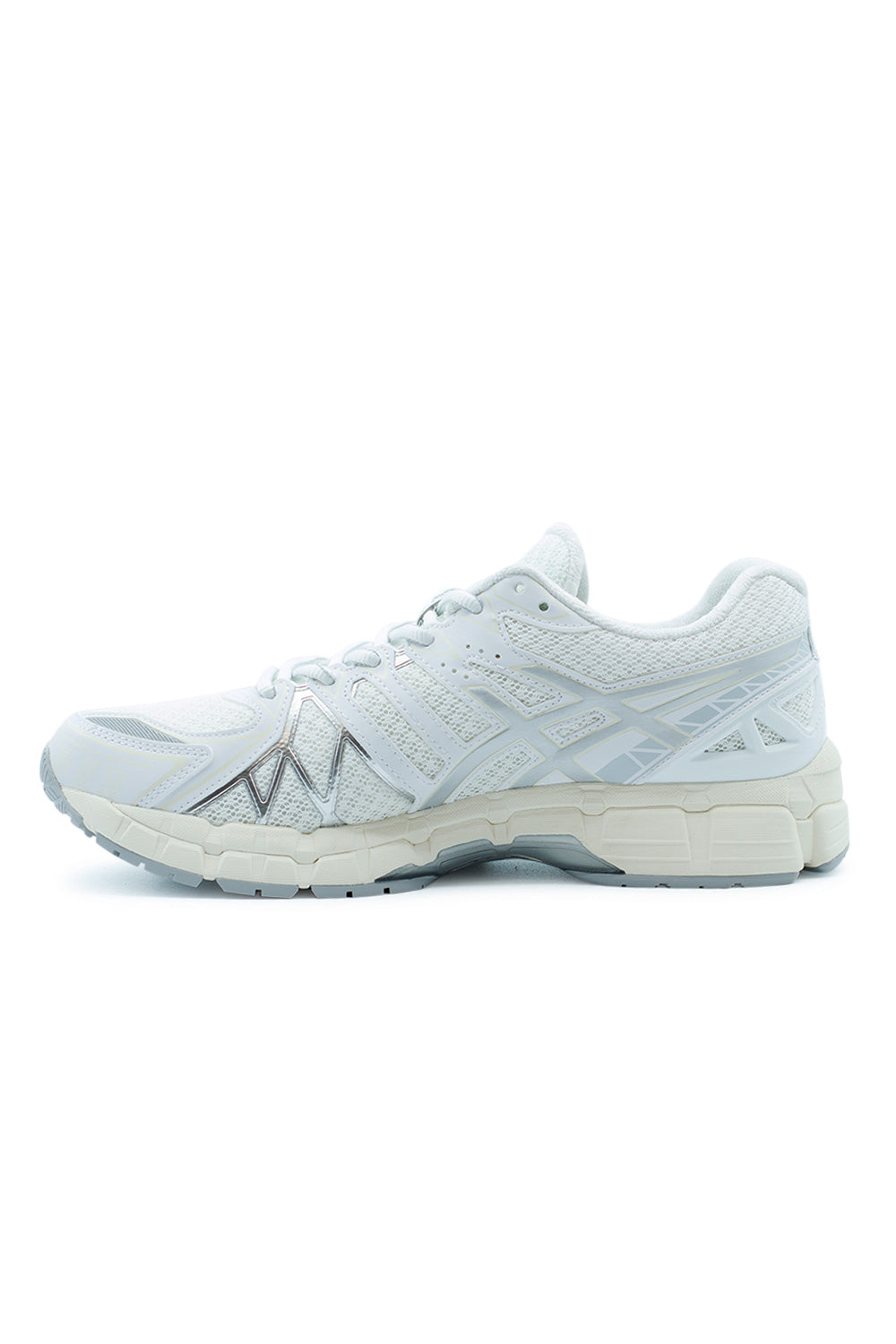 ASICS GEL-Kayano 20 White Pure Silver sole view displaying traction outsole pattern, dual GEL inserts and stability-focused construction