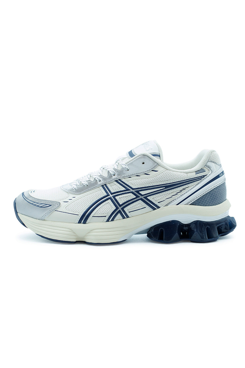 ASICS GEL-Kinetic Fluent White Independence Blue running sneaker side view featuring layered mesh upper, technical overlays, FF BLAST PLUS ECO cushioning and Scutoid GEL midsole technology lifestyle shoe 1203A591-104