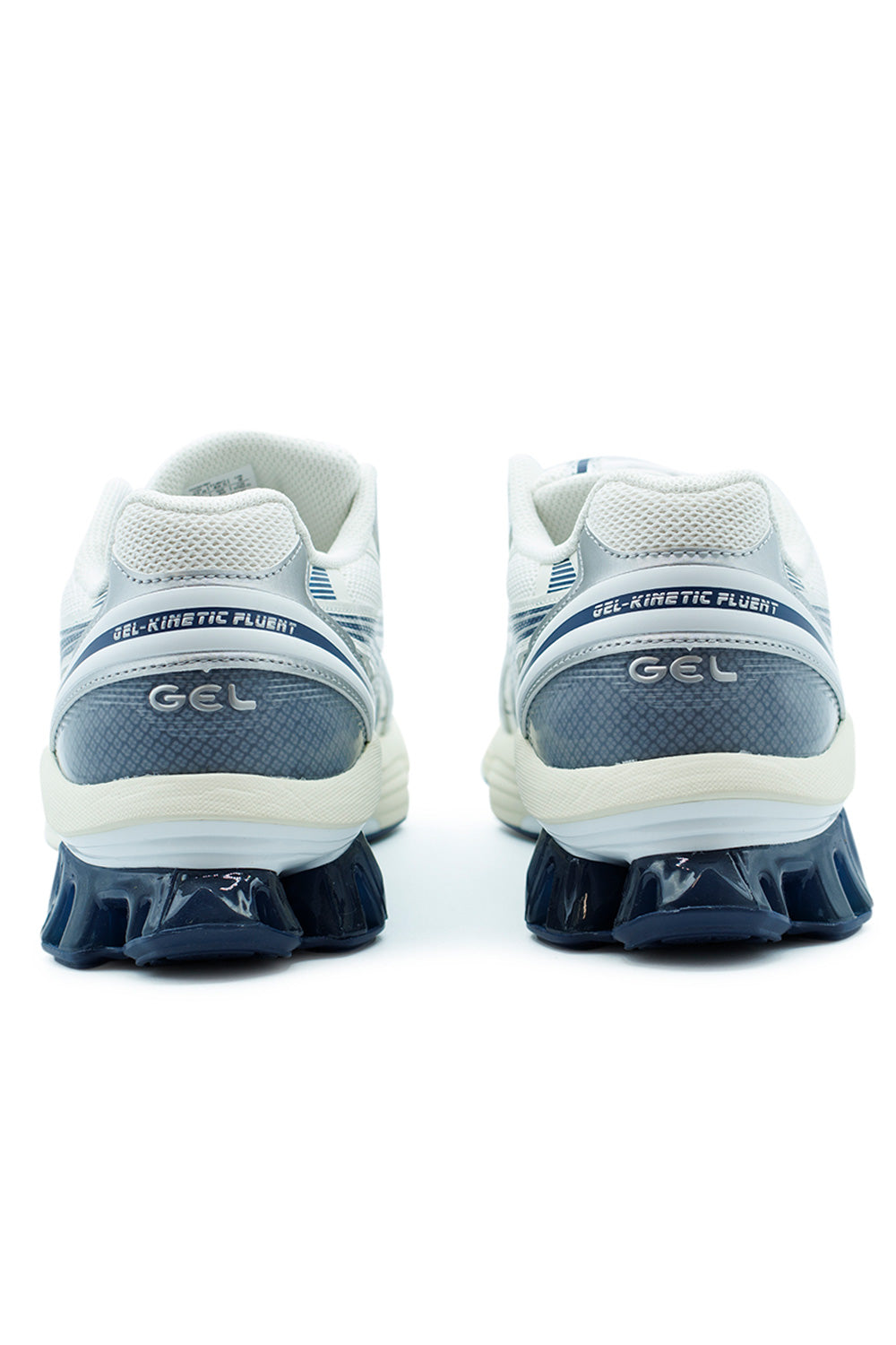 Heel detail of ASICS GEL-Kinetic Fluent White Independence Blue with GEL cushioning unit, TRUSSTIC stability system and sculpted performance midsole for responsive comfort