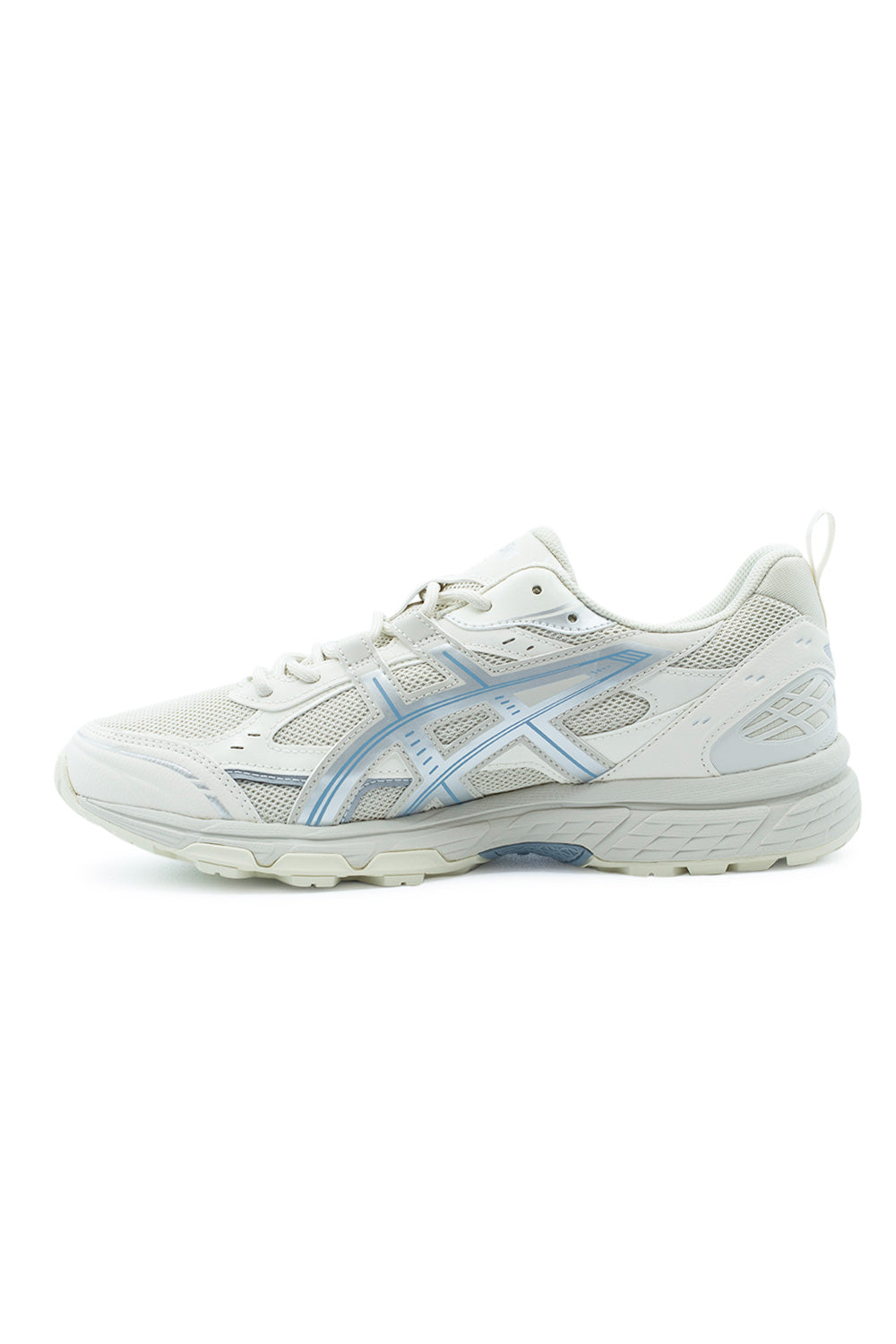 Medial arch profile view of the Asics Gel-Nunobiki sneaker, detailing the inner side cream synthetic support overlays, ventilated mesh underlays, slate blue accent borders, shock-absorbing foam midsole, and rigid midfoot stability plate.
