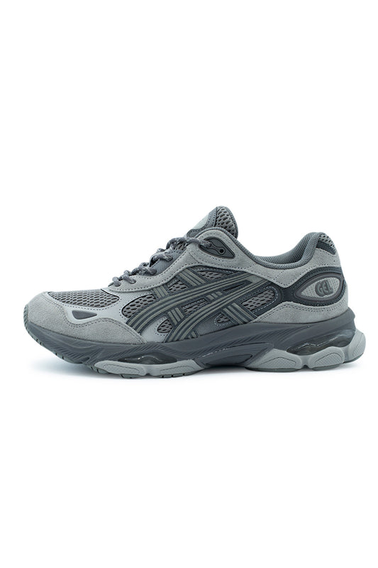 Lateral profile view of the Asics Gel-NYC 2.0 running shoe in Clay Grey and Cement Grey, showcasing the breathable wide-gauge grey mesh base, genuine grey suede mudguard overlays, dark grey technical tiger stripes, and a sculpted dual-density FF BLAST PLUS midsole with visible rearfoot GEL cushioning units.