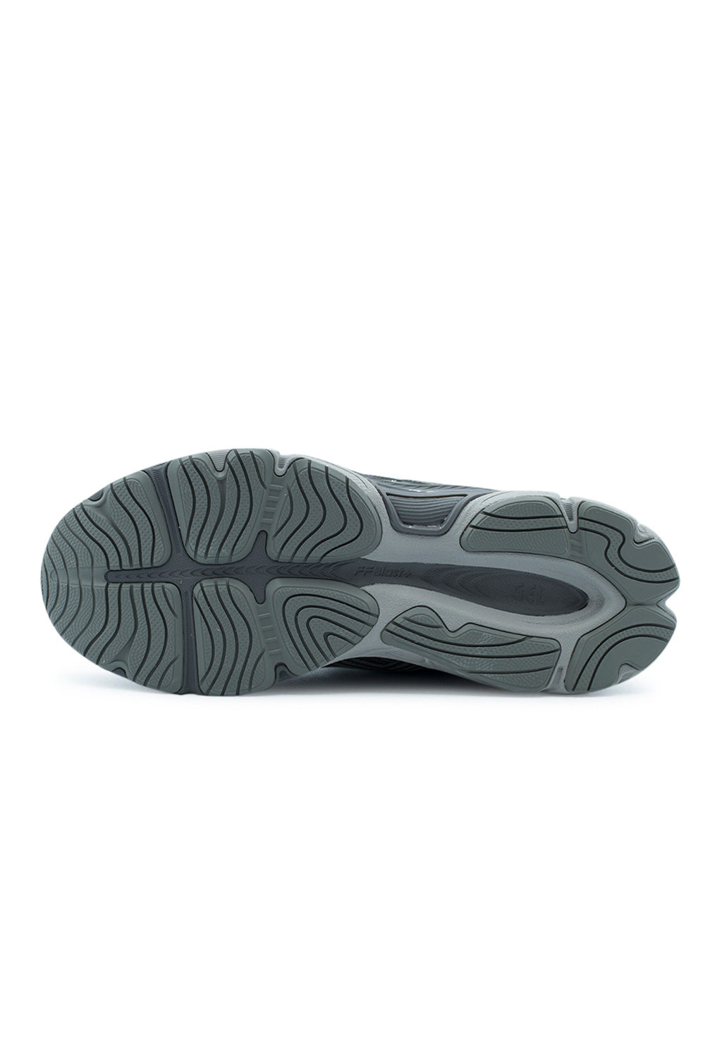 Full bottom perspective of the dark grey AHAR rubber outsole on the Asics Gel-NYC 2.0, showing the contoured traction tread pattern with ergonomic flex grooves, central exposed TRUSSTIC support bridge, debossed "FF blast+" lettering, and the rearfoot GEL impact crash pad cavity.