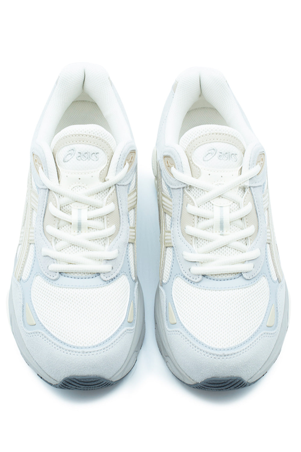 Top-down view of ASICS Gel-NYC 2.0 sneakers in Cream and Concrete featuring layered mesh construction, padded collar and performance-inspired lace system