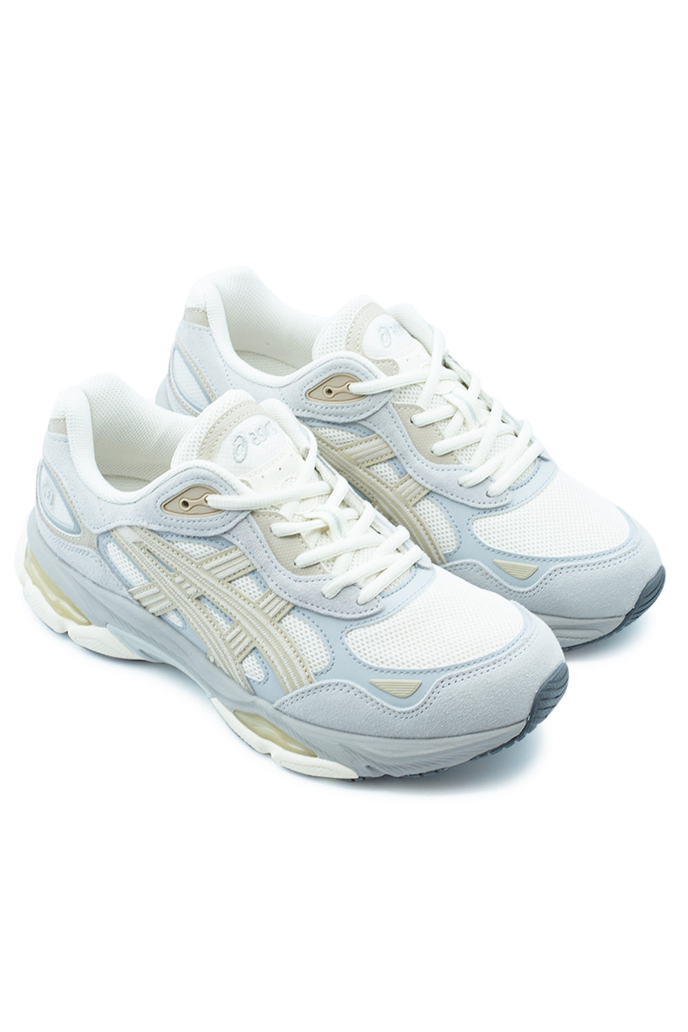 Three-quarter view of ASICS Gel-NYC 2.0 low top sneakers with vintage running aesthetic, lightweight foam cushioning and cream grey suede paneling