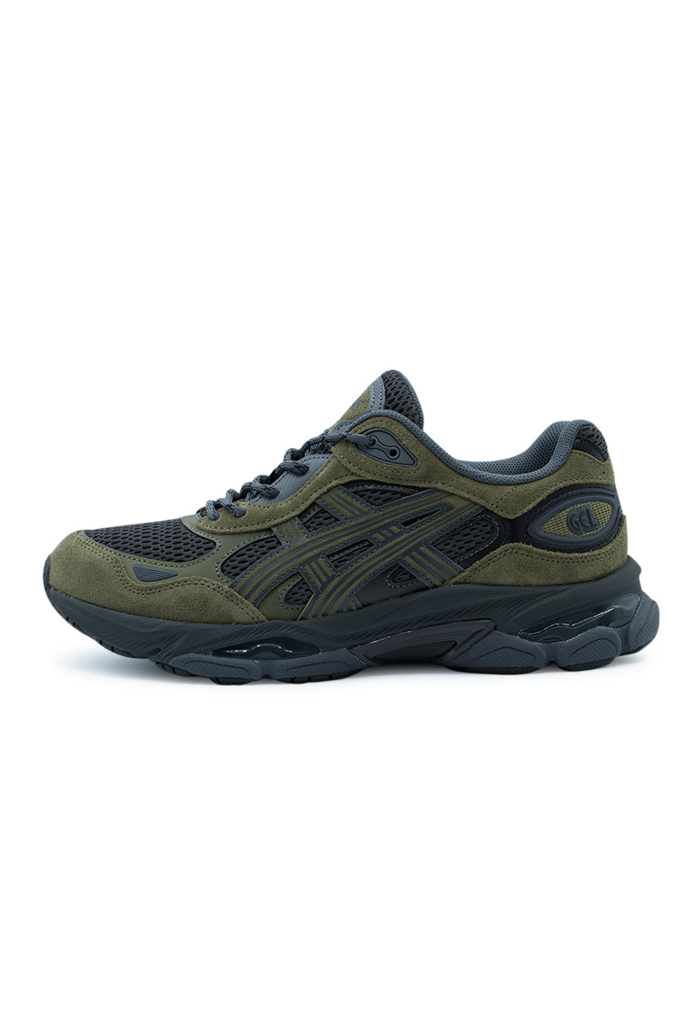 Lateral profile view of the Asics Gel-NYC 2.0 sneaker in Graphite Grey and Loden Green, showcasing the breathable dark graphite grey wide-gauge open mesh underlay, earthy olive green suede overlays, dark grey synthetic tiger stripes, and the sculpted black FF BLAST PLUS midsole with visible GEL cushioning pods