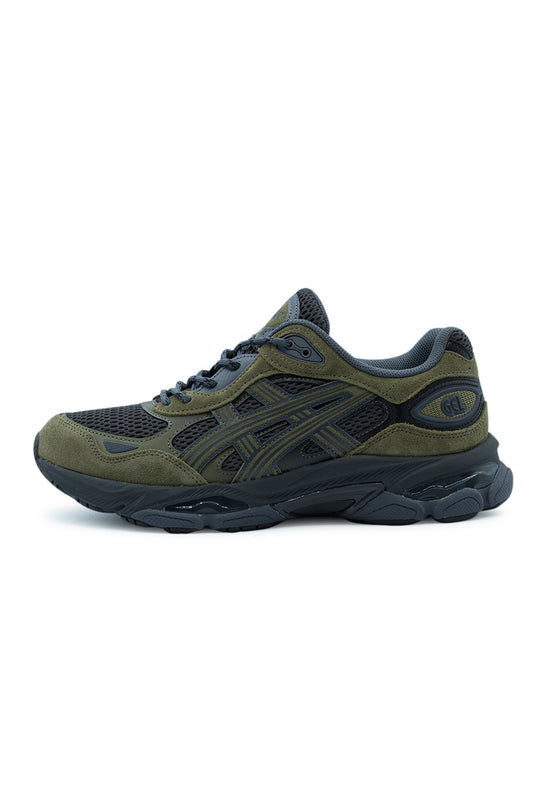 Lateral profile view of the Asics Gel-NYC 2.0 sneaker in Graphite Grey and Loden Green, showcasing the breathable dark graphite grey wide-gauge open mesh underlay, earthy olive green suede overlays, dark grey synthetic tiger stripes, and the sculpted black FF BLAST PLUS midsole with visible GEL cushioning pods
