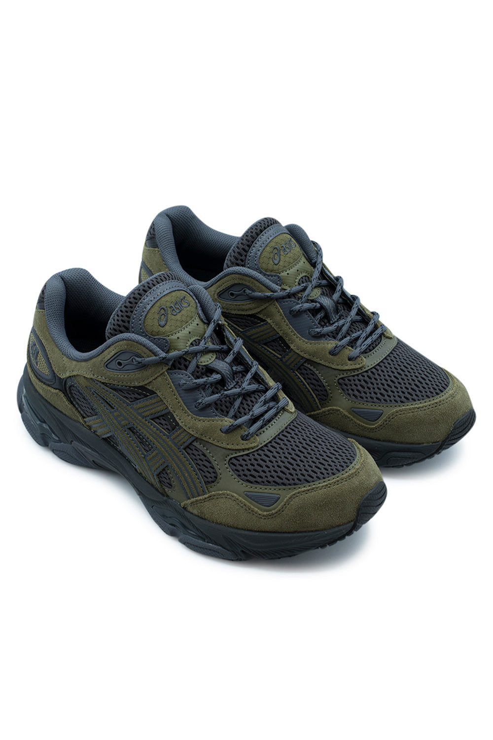 Elevated three-quarter perspective of the Asics Gel-NYC 2.0 in Graphite Grey / Loden Green, highlighting the early-2000s performance running architecture, technical multi-layered suede and mesh paneling, and trail-inspired earthy color scheme
