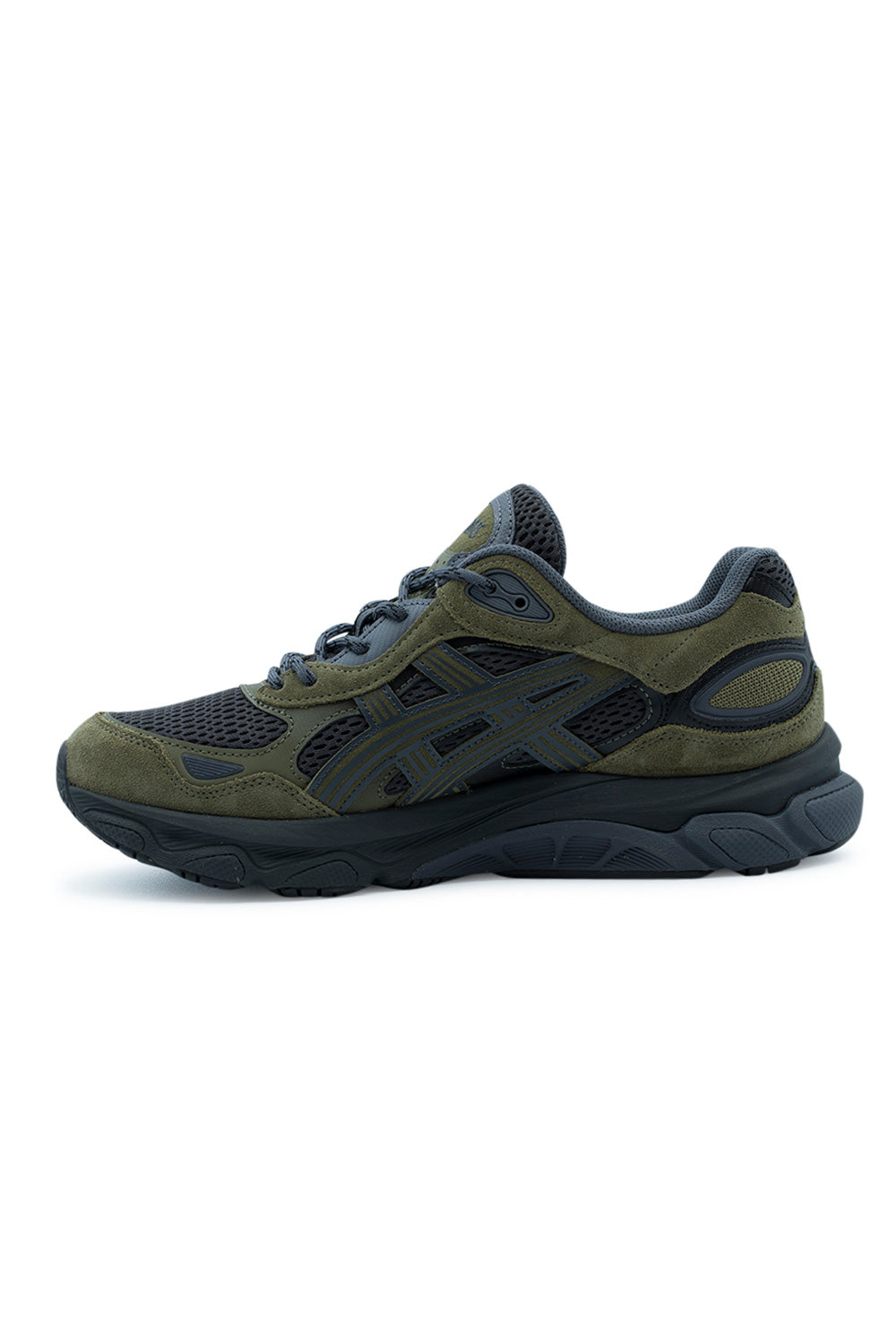 Medial arch profile view of the Asics Gel-NYC 2.0 shoe, illustrating the inner loden green suede mudguard, structured dark grey tiger stripes, contoured FF BLAST PLUS foam arch, and continuous dark AHAR traction outsole