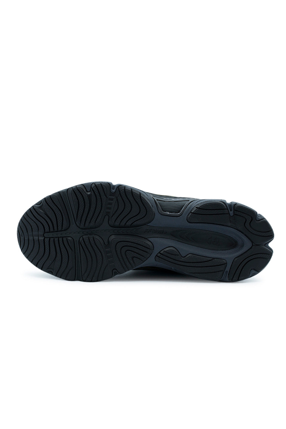 Full bottom perspective of the black AHAR rubber outsole on the Asics Gel-NYC 2.0, showing the contoured traction tread pattern with ergonomic walking-specific flex grooves, central TRUSSTIC system bridge, debossed "FF blast+" lettering, and rearfoot GEL impact crash pad cavity