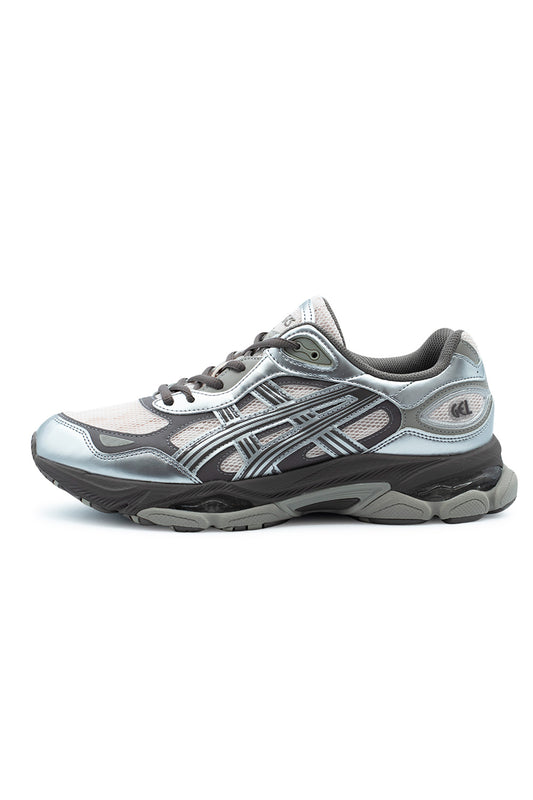 Lateral profile view of the Asics Gel-NYC 2.0 sneaker in Pink Cloud / Pure Silver, featuring a soft pink open mesh base, flowing metallic Pure Silver synthetic overlays, dark grey Asics tiger stripes, sculpted dark grey FF BLAST PLUS foam midsole with visible rearfoot GEL cushioning, and a dual-tone rubber outsole.