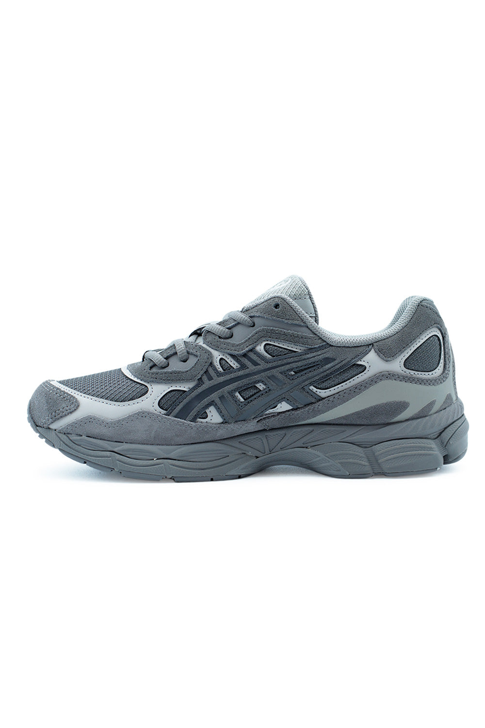 Lateral shot of ASICS GEL-NYC Obsidian Grey retro runner with tonal grey colorway, lightweight foam midsole, and performance-driven structure designed for lifestyle wear
