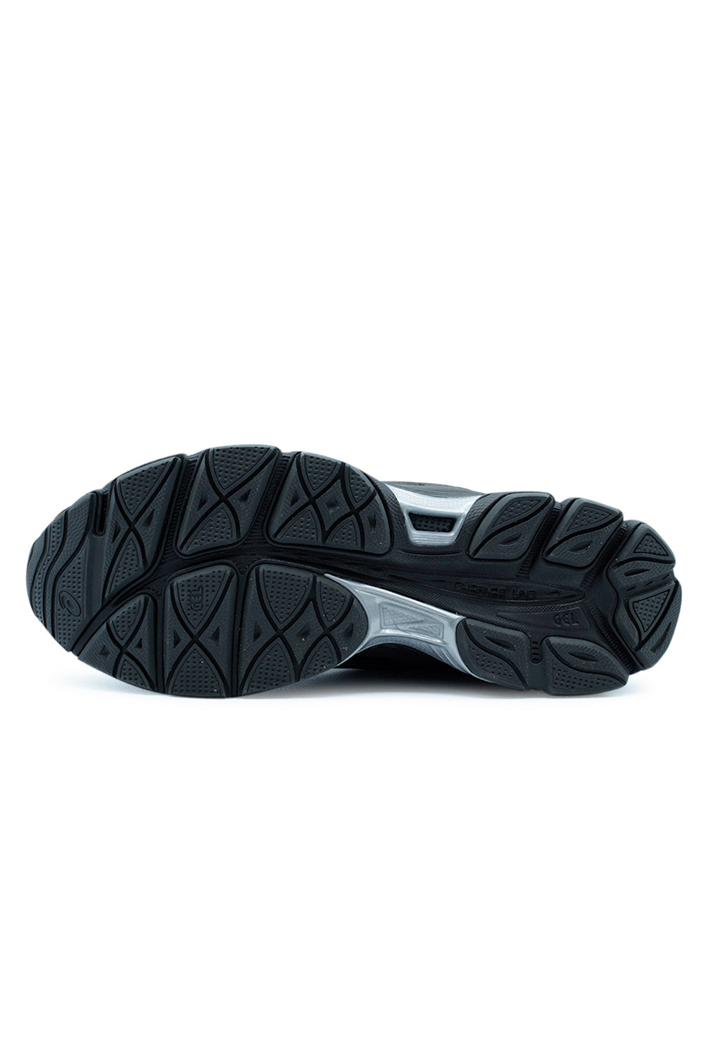 Outsole view of the Asics GEL-NYC RGD Black/Graphite Grey sneaker showcasing the grippy tread pattern, segmented cushioning system and durable sole inspired by retro ASICS running heritage.