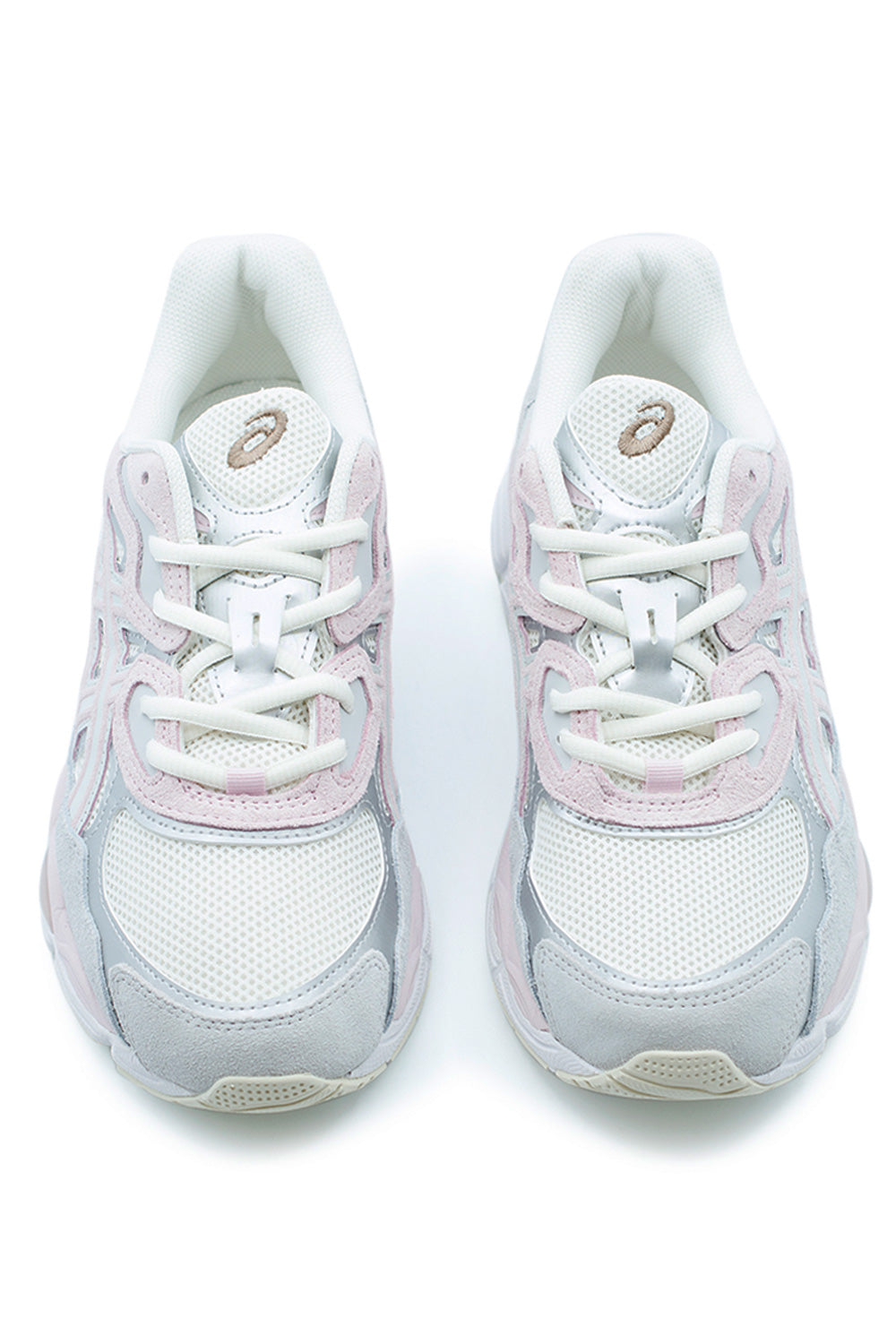 Top view of ASICS GEL-NYC Concrete / Barely Rose showing ventilated mesh upper, pastel pink accents, secure lace system, and heritage running sneaker construction for streetwear and casual wear.