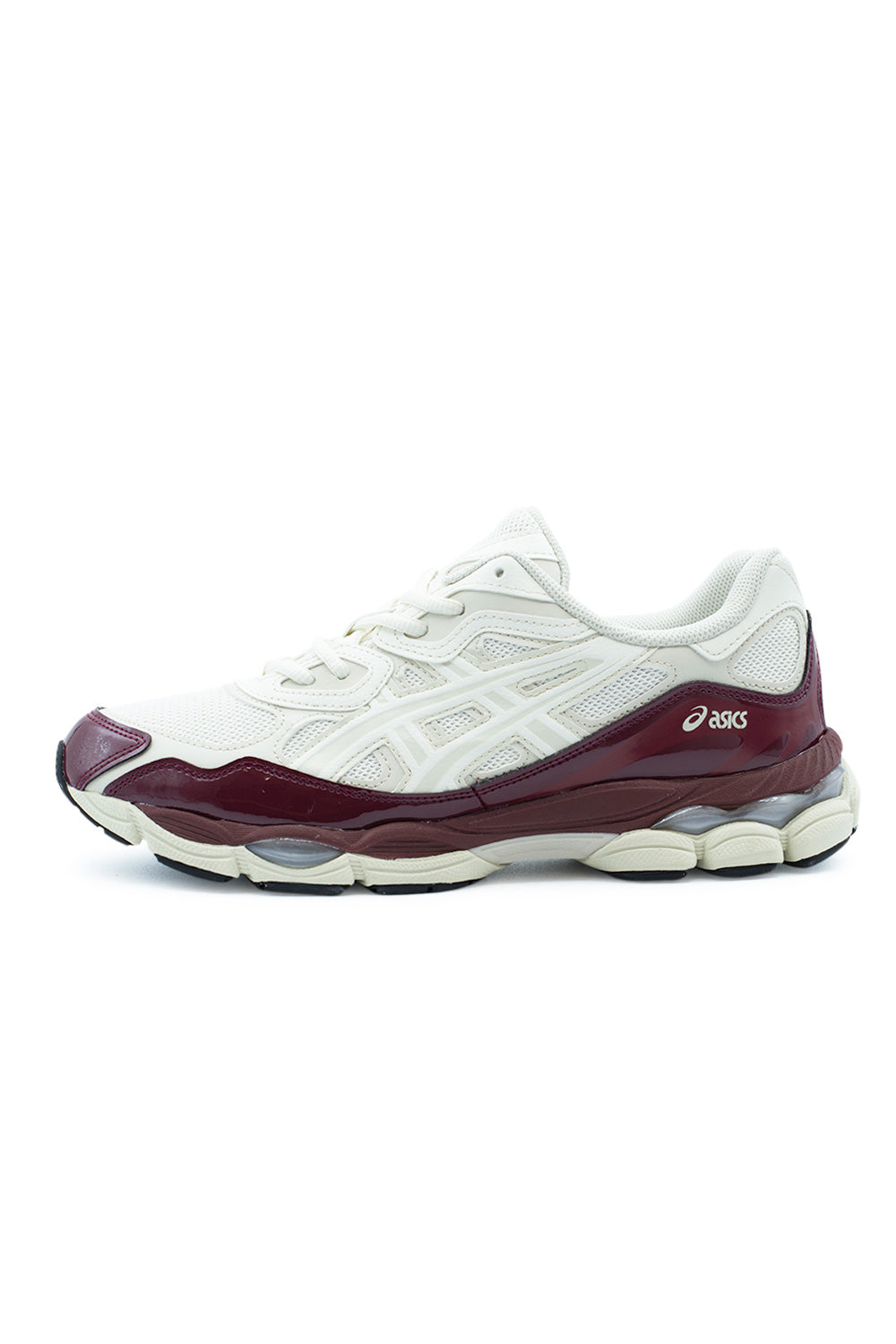 Lateral profile view of the Asics Gel-NYC sneaker in Cream and Antique Red, highlighting the breathable off-white mesh base, cream synthetic leather tiger stripes, deep burgundy patent leather mudguard, and dual-density midsole with visible heel and forefoot GEL cushioning capsules