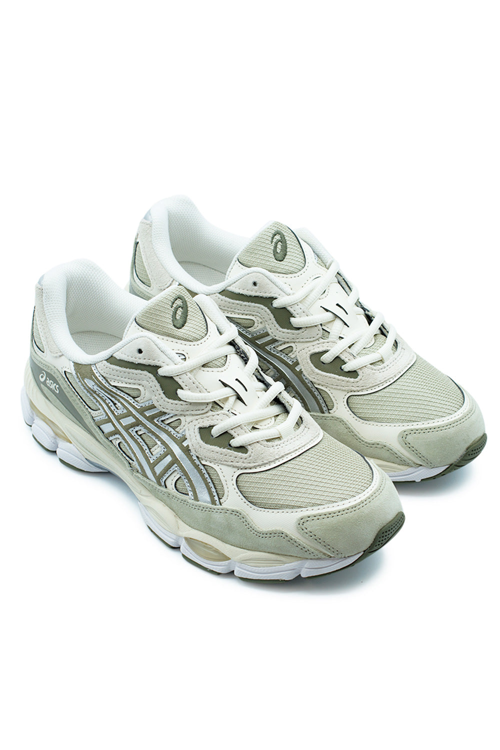 Studio shot of a pair of Asics GEL-NYC Khaki and Pure Silver sneakers placed together at an angle, displaying the complex multi-layered Y2K aesthetic.
