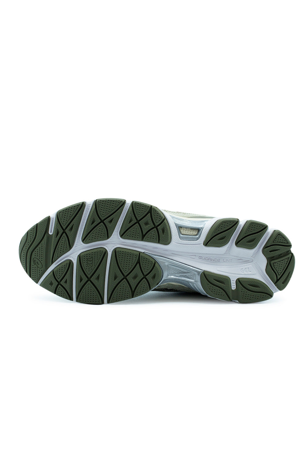 Full view of the rubber outsole of the Asics GEL-NYC sneaker, showcasing the dark olive traction pods, Guidance Line technology, and exposed GEL cushioning elements.