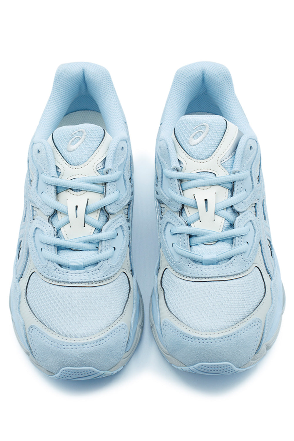 Front view of the ASICS Gel-NYC Storm Cloud Pure Silver featuring engineered mesh toe box, padded tongue, secure lace system and premium suede detailing