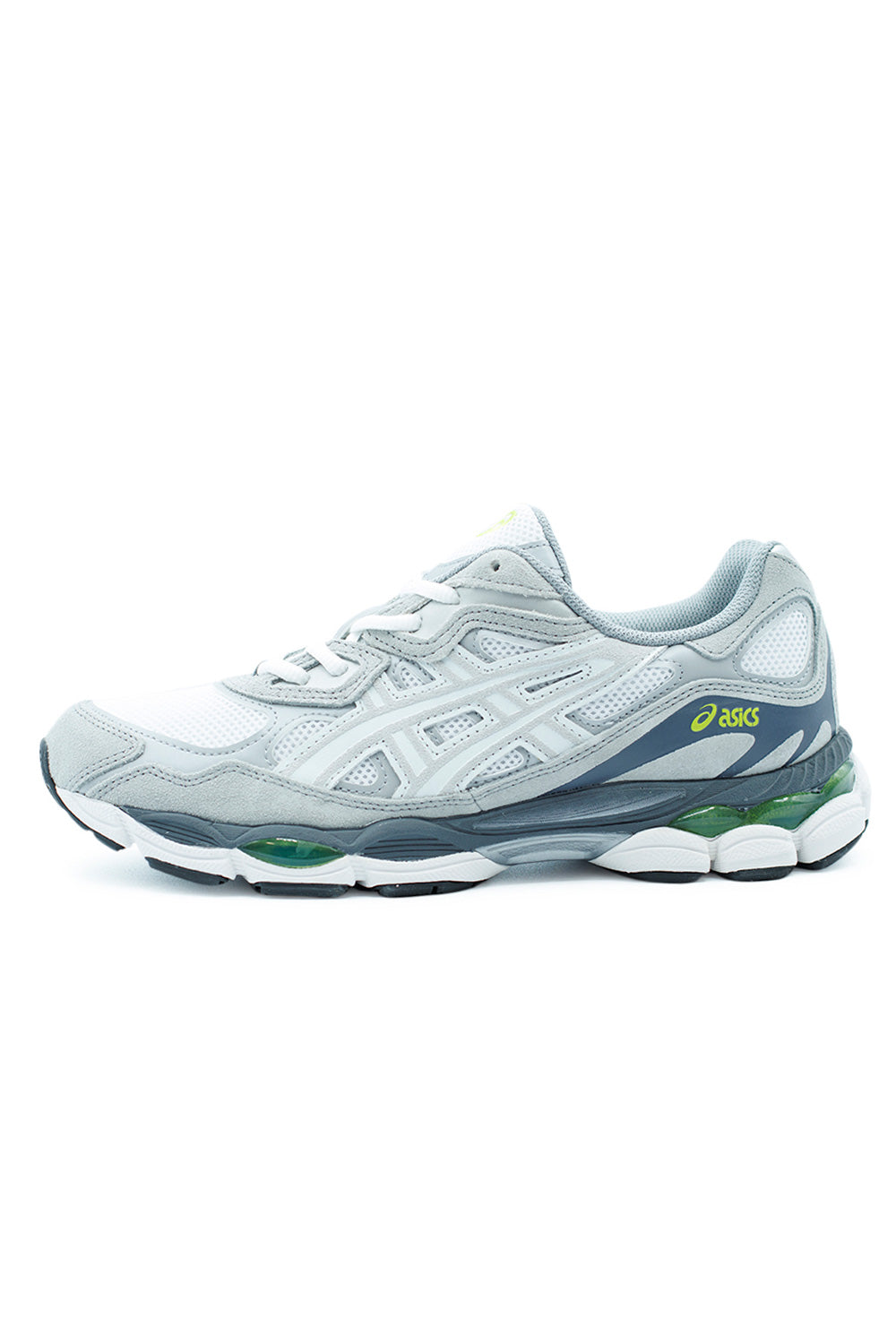 ASICS GEL-NYC White Glacier Grey, clean white retro runner with breathable mesh, suede panels, and GEL-CUMULUS cushioning for everyday comfort.