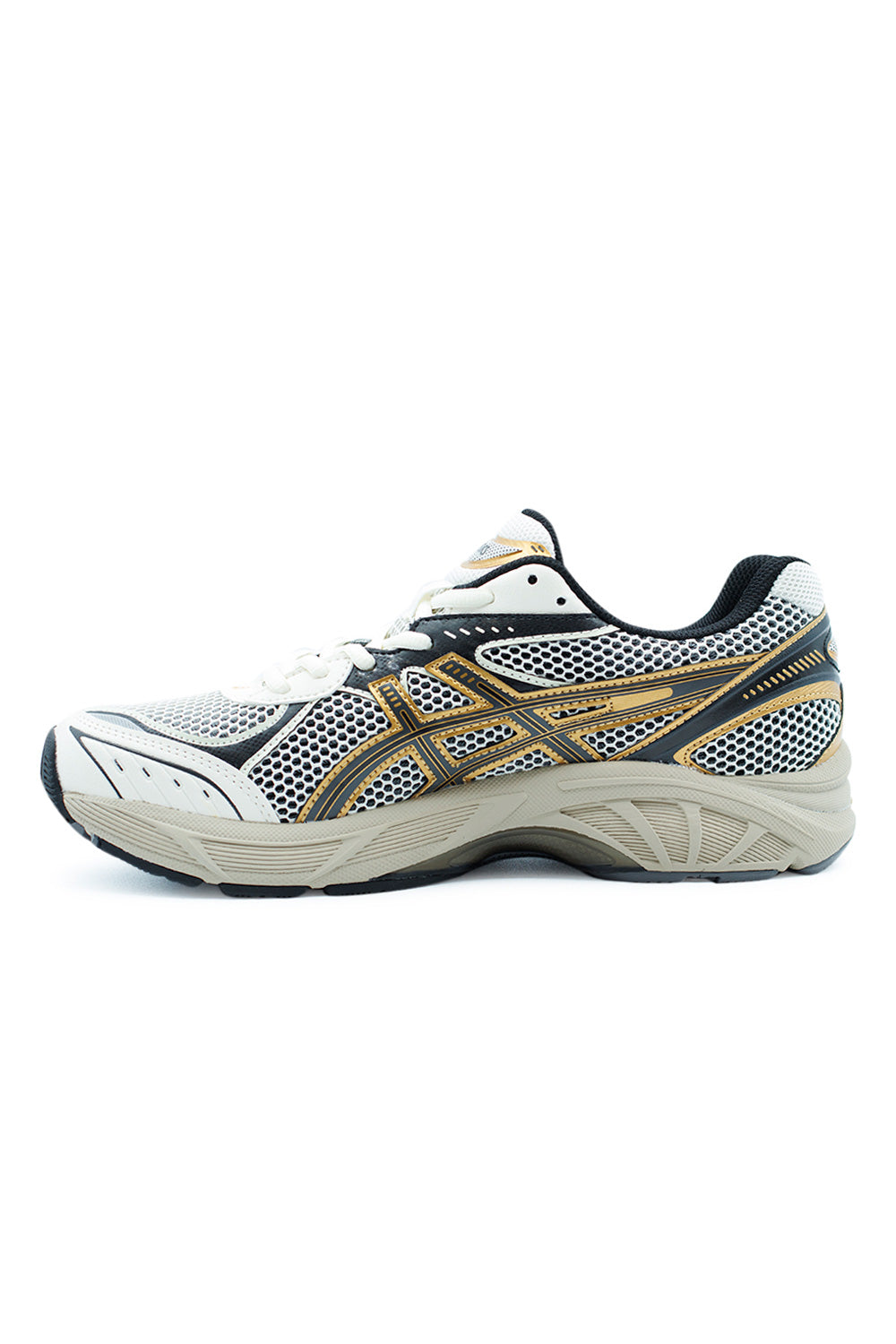 ASICS GT-2160 Cream Pure Gold, lightweight synthetic running shoe featuring segmented sole and gold accent details for a refined retro look.