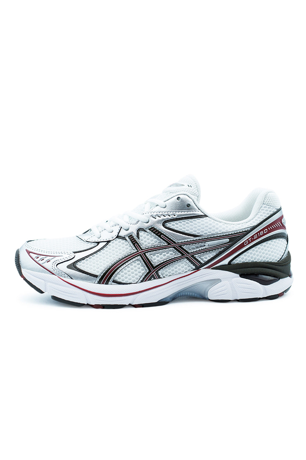 ASICS GT-2160 shoe in White Oxblood side view showcasing retro 2010s running design, breathable white mesh upper, black and oxblood overlays, and GEL-cushioned midsole."