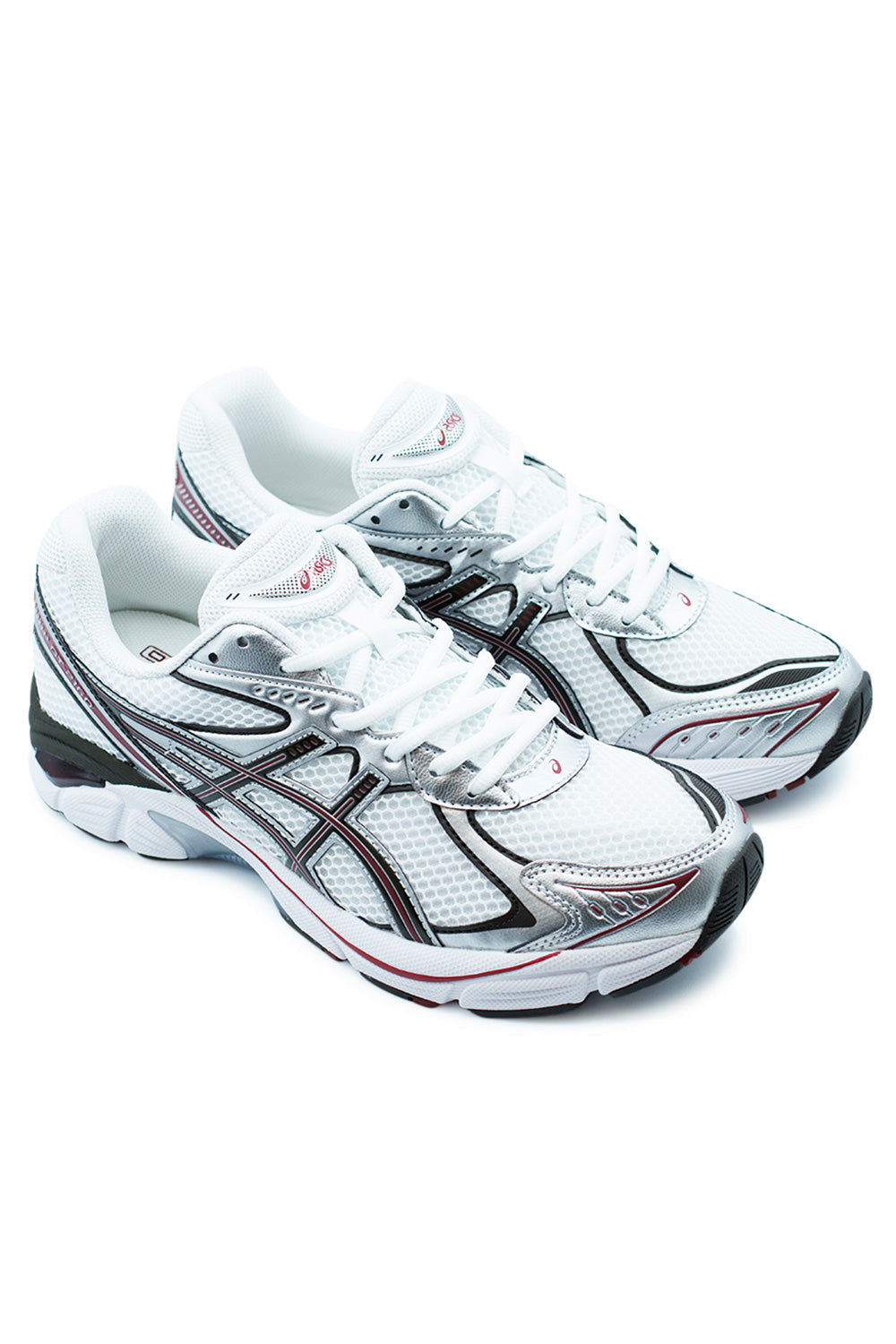 Angled pair shot of ASICS GT-2160 White Oxblood featuring early-2010s inspired lines, breathable mesh panels, and sculpted midsole with GEL technology.