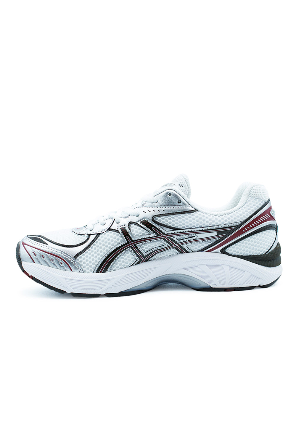 Inner side profile of ASICS GT-2160 White Oxblood lifestyle running shoe with synthetic overlays, segmented midsole, and signature ASICS performance geometry.