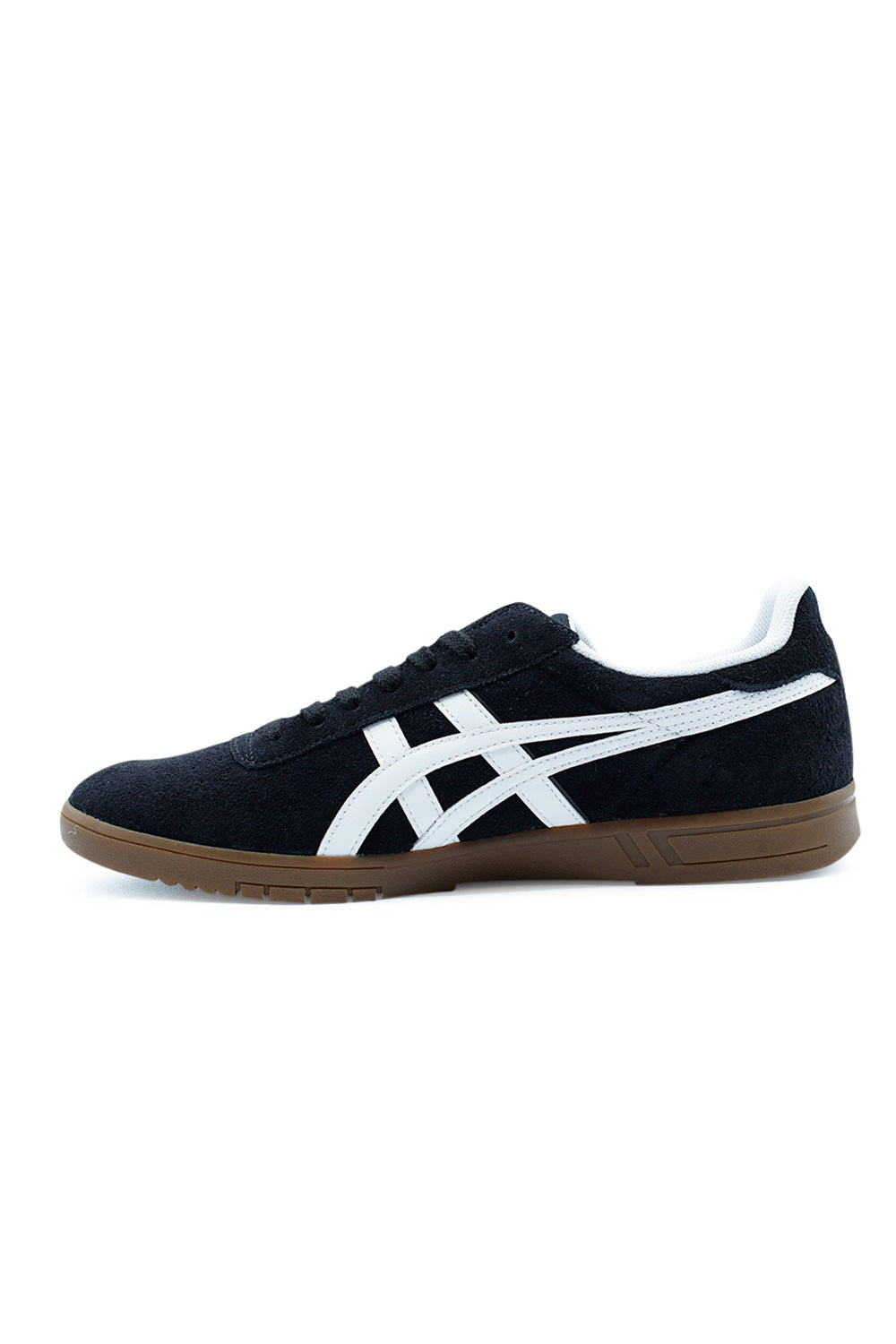 angled view Asics Skateboarding Gel-Vickka Pro highlighting seamless toe cap, premium suede overlays and stable cupsole designed for technical skateboarding tricks