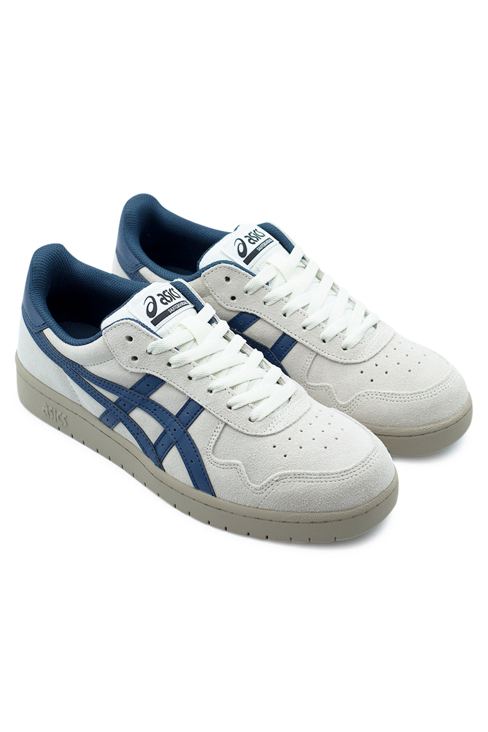 pair of Asics Japan Pro Cream Independence Blue skate sneakers combining vintage 1980s basketball style with updated skate tech for everyday wear and skate sessions