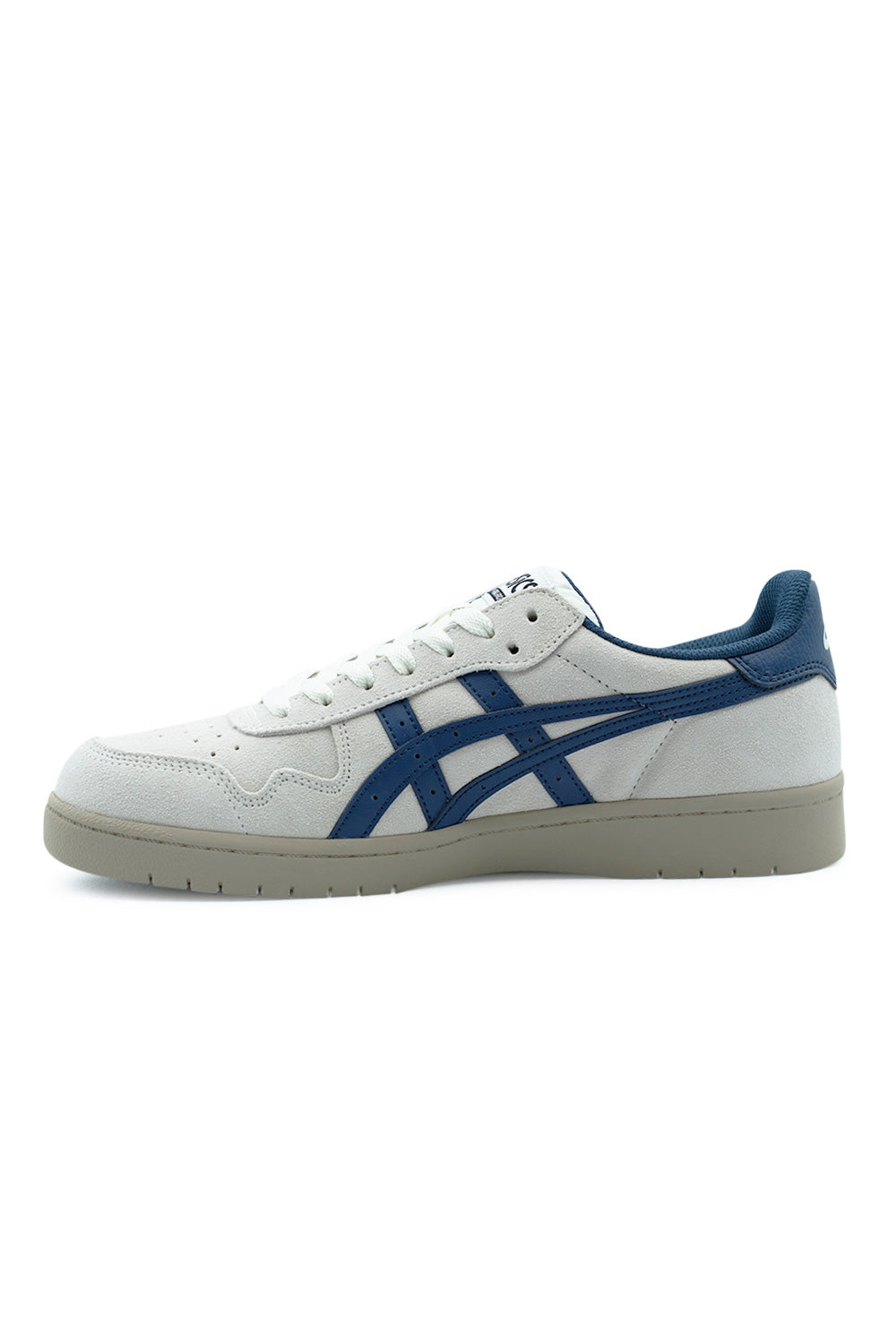 angled detail of Asics Skate Japan Pro low-top skateboarding shoe with high-quality suede, stitched cupsole construction and classic Asics side stripes for durability and style