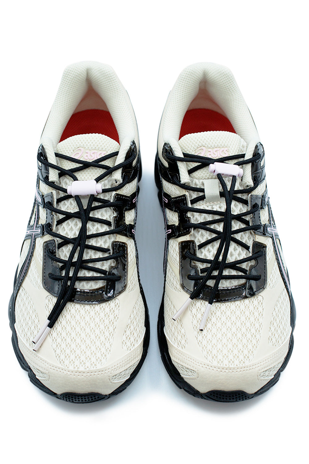 Top view of Asics x Finesse GEL-Cumulus 16 Desert Rose running sneaker with breathable hemp-textured mesh upper, toggle speed-lacing system and subtle pink accents inspired by the Desert Rose