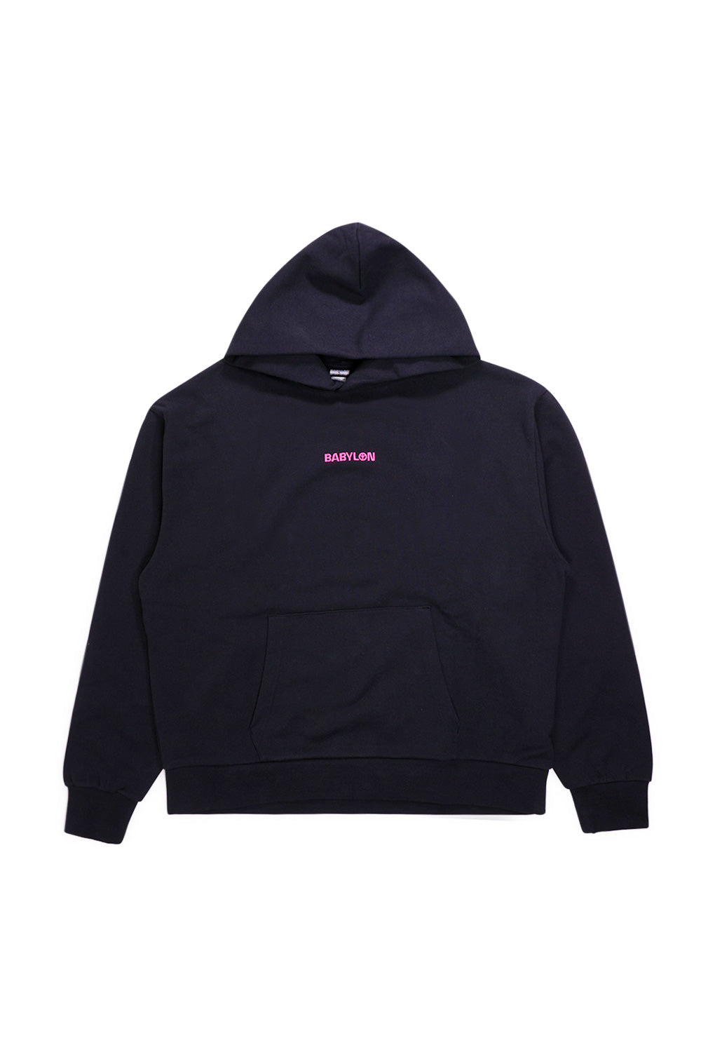 Babylon LA Logo Hoodie Black – Extra weiter Hoodie aus 100 % Baumwolle mit gesticktem magentafarbenem Logo auf der Brust und breiter Kapuze für maximalen Komfort.