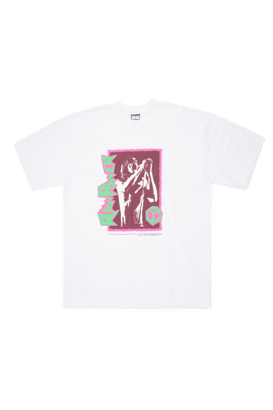 Babylon LA x Iggy Pop Raw Power T-Shirt White featuring vibrant punk concert graphic, oversized 100% cotton skate streetwear tee made in USA with retro rock aesthetic