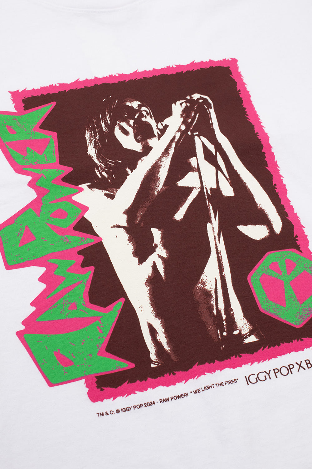 Close-up of Babylon LA x Iggy Pop Raw Power white t-shirt with colorful live performance artwork, heavyweight 6 oz cotton punk skateboarding fashion inspired by The Stooges