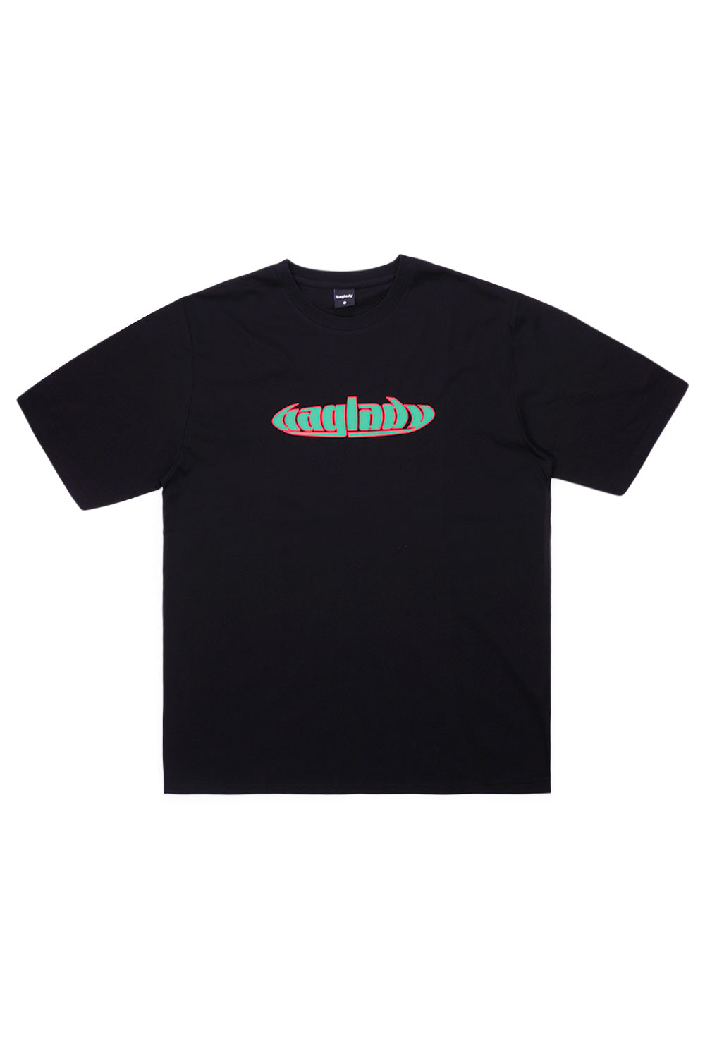 "Vorderansicht des Baglady Warp T-Shirts – schwarzes Shirt mit kreativem Grafik-Design und bequemer Passform"