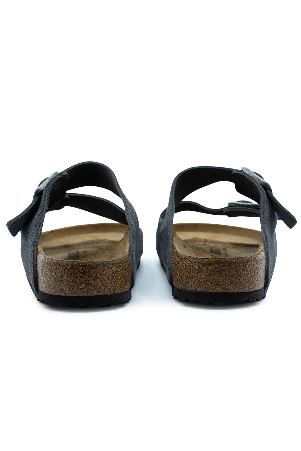 Rear view of the heels of the Birkenstock Arizona BS Charcoal suede sandals, displaying the anatomical cork heel cups, raised side borders, black EVA sole layer, and open-back mule construction.