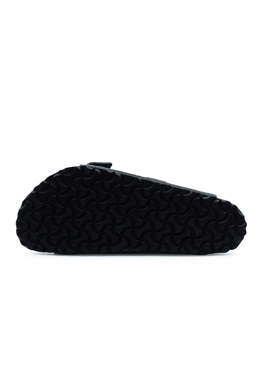 Full bottom view of the black EVA outsole on the Birkenstock Arizona BS Charcoal sandal, showing the signature bone pattern tread engineered for lightweight flexibility, shock absorption, and traction.