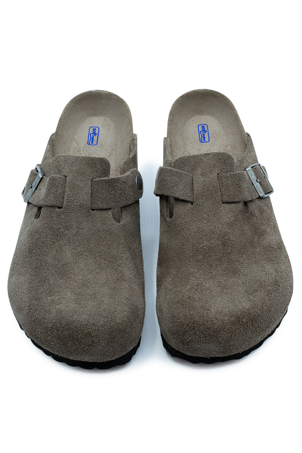 Top-down view of a pair of Birkenstock Boston BS Soft Footbed clogs in Concrete Grey, highlighting the rounded suede toe box, adjustable instep straps, and soft suede-lined footbeds with blue BIRKENSTOCK Soft Footbed text.