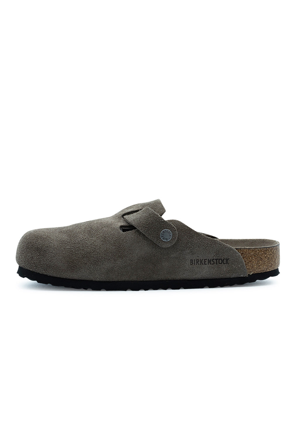 Medial side profile view of the Birkenstock Boston BS Concrete Grey clog, showing the clean inner suede quarter panel with embossed BIRKENSTOCK branding, metal rivet detail, and cork midsole.