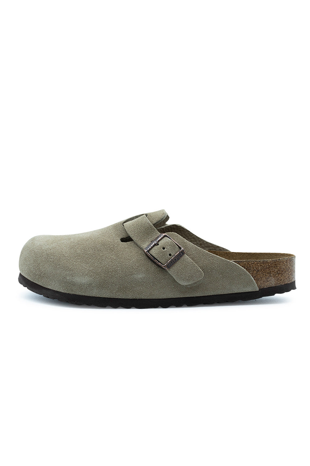 Lateral side profile view of the Birkenstock Boston BS Clog in Taupe suede, featuring a smooth closed-toe upper, an adjustable instep strap with a copper-tone metal pin buckle, a natural cork-latex layer, and a dark brown EVA outsole.