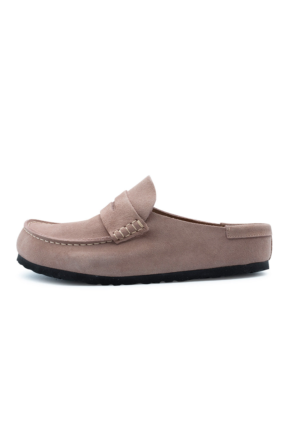 Lateral side profile view of the Birkenstock Naples Wrapped shoe in Pink Clay suede, featuring a moccasin-style stitched toe box, decorative penny keeper strap across the instep, and a black dual-component EVA and rubber sole.