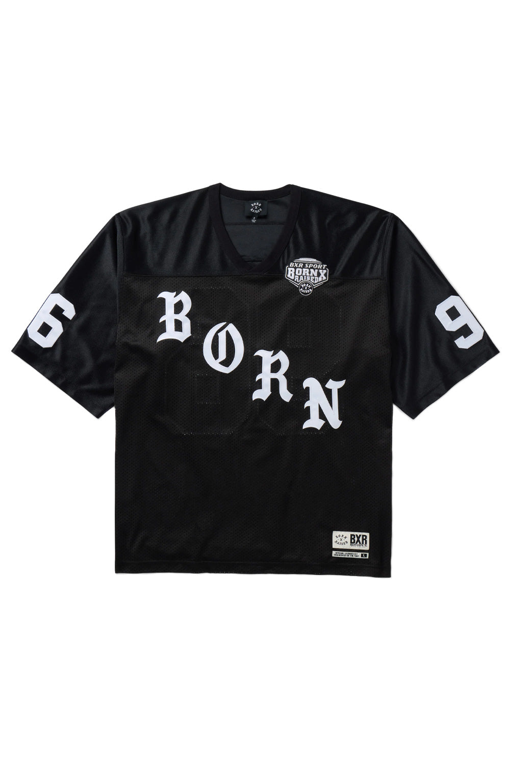 Front view of the black Born X Raised Paranoia Football Jersey, featuring a wide mesh design, white Old English BORN lettering, and embroidered chest patch.