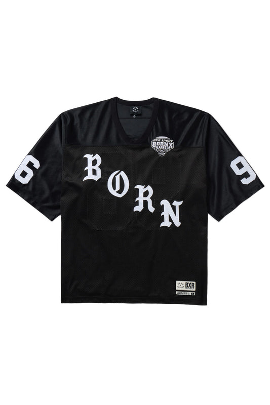 Front view of the black Born X Raised Paranoia Football Jersey, featuring a wide mesh design, white Old English BORN lettering, and embroidered chest patch.