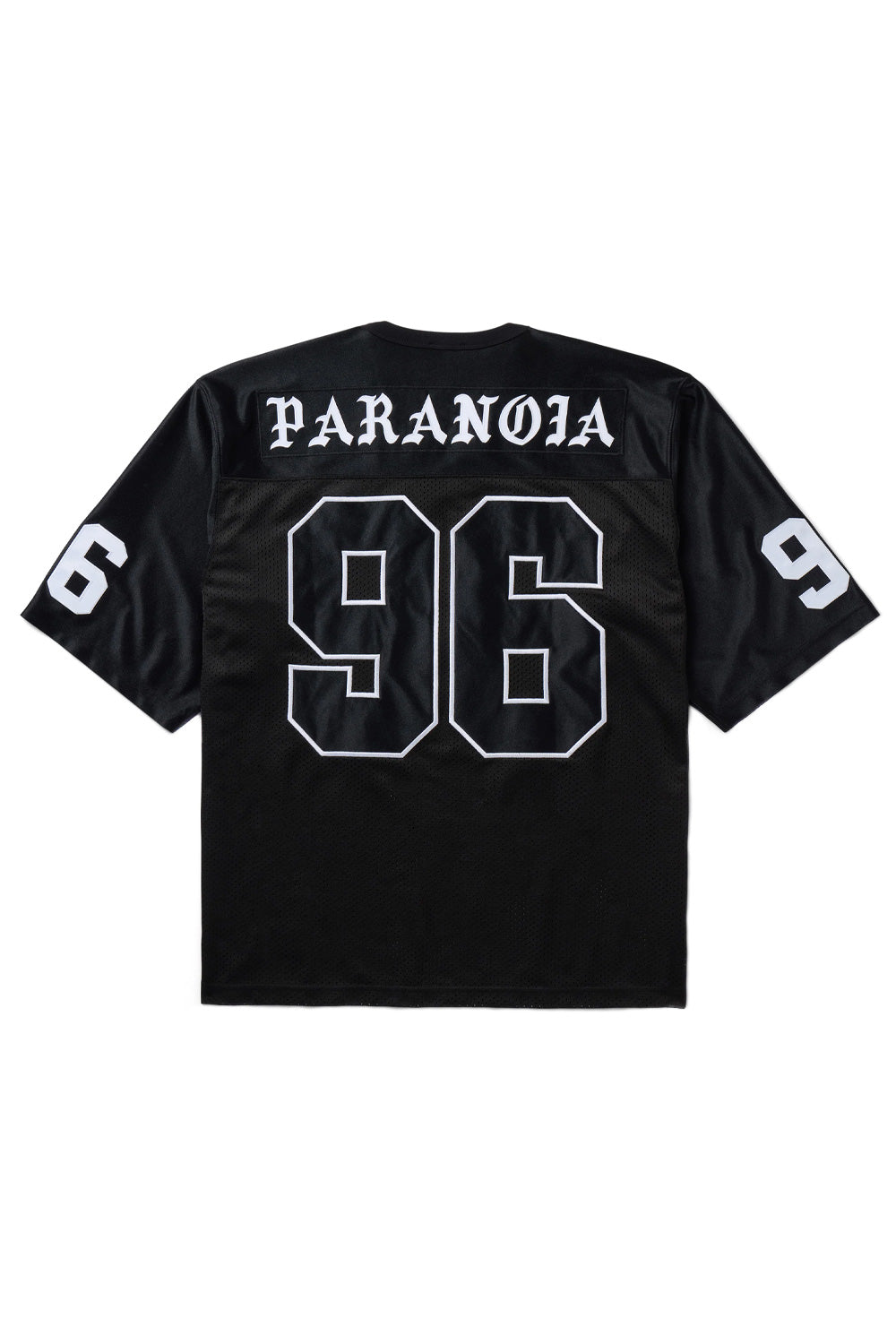 Back view of the black Born X Raised Paranoia Football Jersey, showcasing white embroidered PARANOIA text across the upper back and number 96 on the mesh.