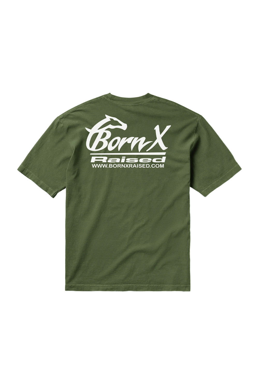 Back view of the loose-fitted army green Born X Raised Parlay T-shirt, featuring a large white printed horse graphic and Born X Raised logo.