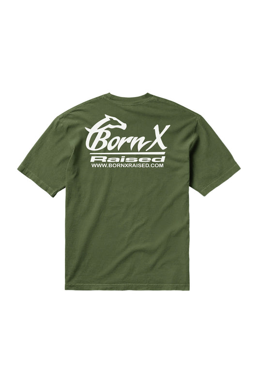 Back view of the loose-fitted army green Born X Raised Parlay T-shirt, featuring a large white printed horse graphic and Born X Raised logo.