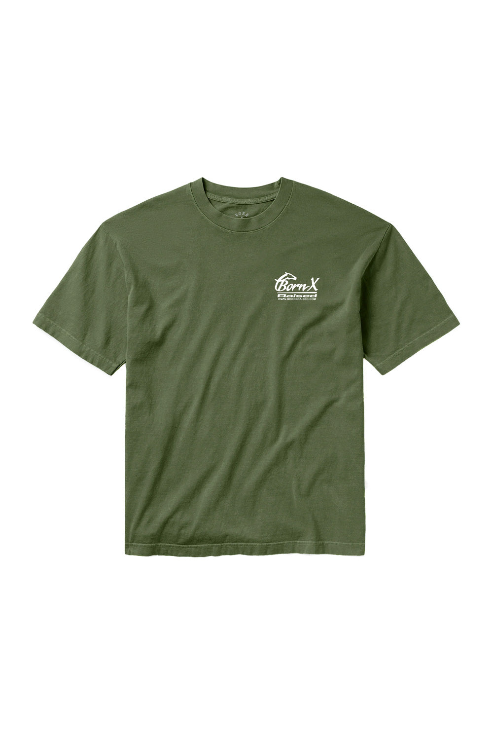 Front view of the olive army green 100% cotton Born X Raised Parlay T-shirt with a small white printed logo graphic on the left chest.